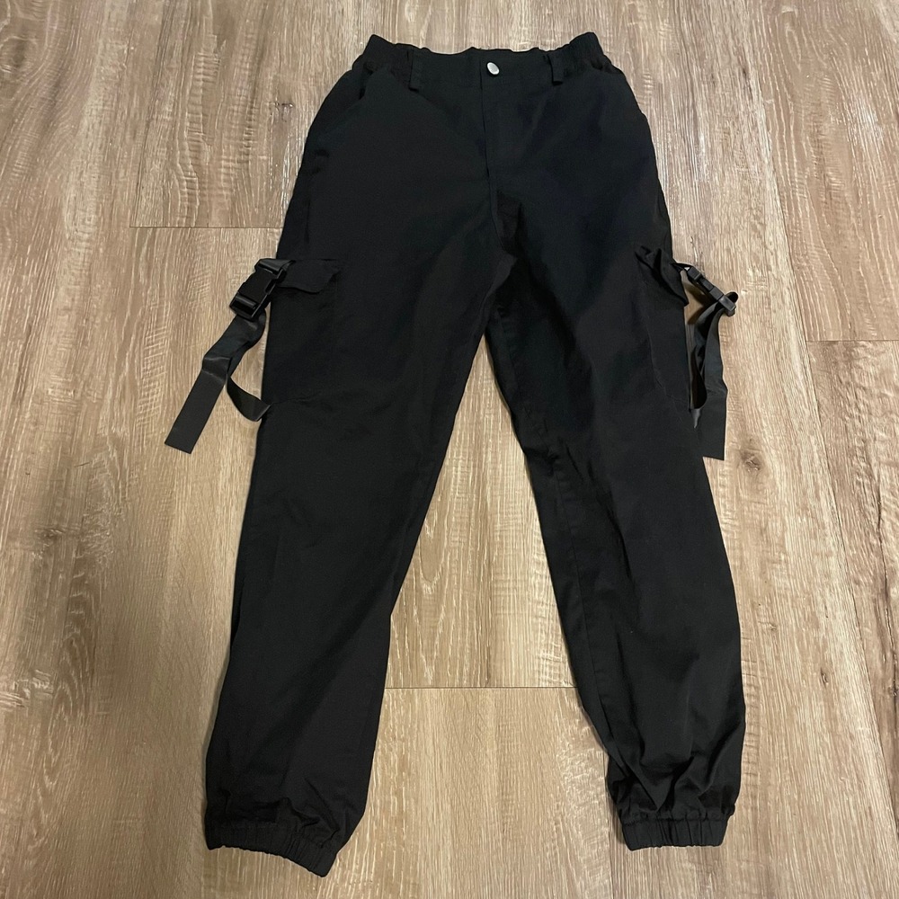 Mens Cargo Jogger Pants Small Black Polyester Spandex Buckle Strap Fall Techwear